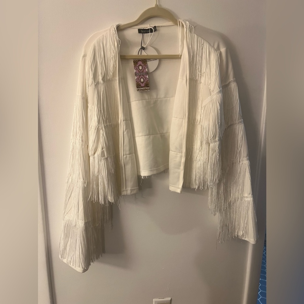 NWT White Fringe Jacket Boohoo